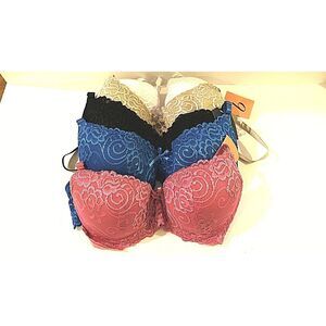 WOMENS 5 PACK DEMI CUP LACEY PADDED TWO CLASP CLOSURE WITH 3 ADJUST. SIZE 34 C
